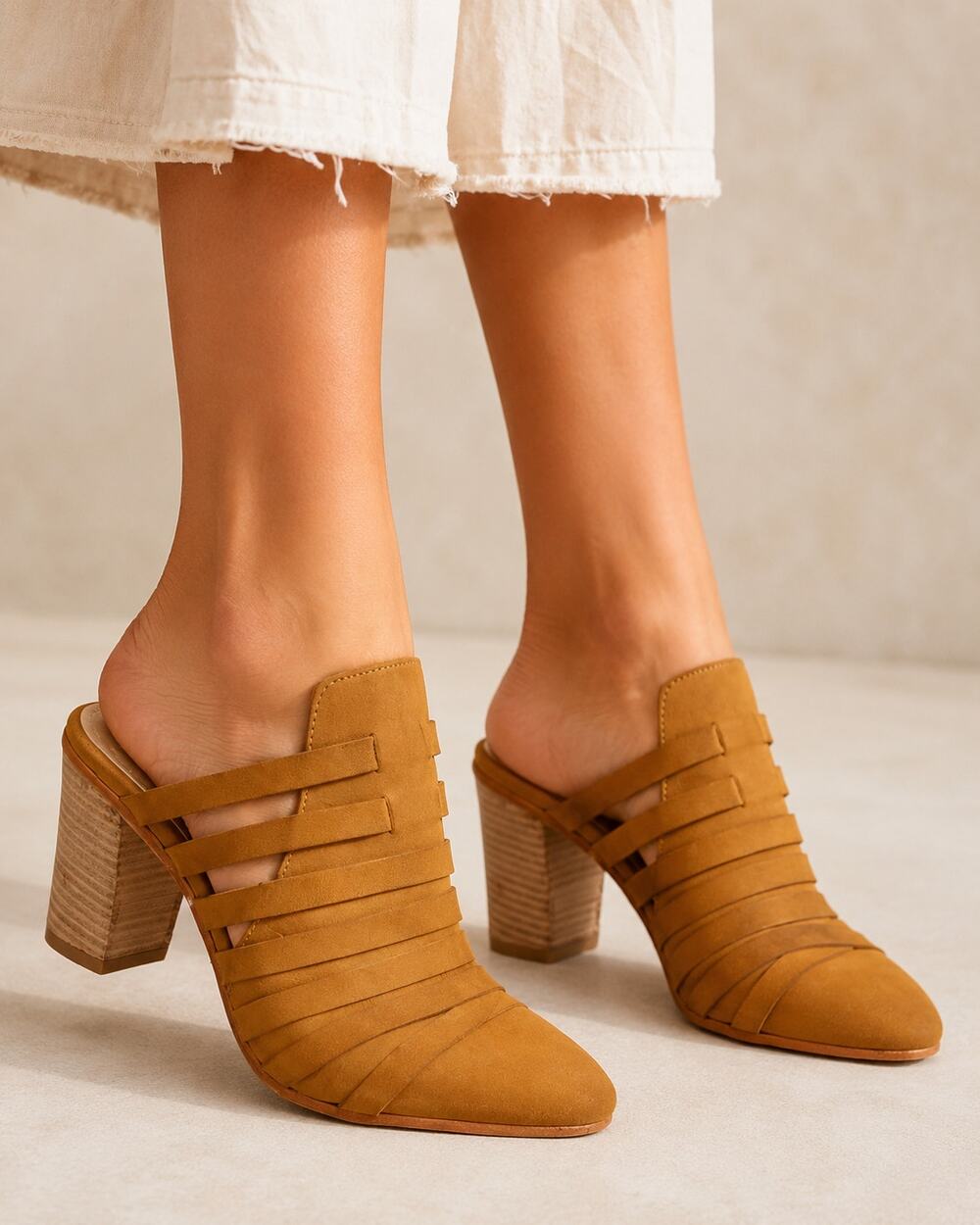 Free People Womens Byron Camel Tan Almond Toe Slide Block Heel Mule Sandal 7